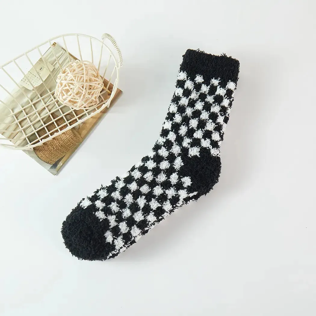 Checkerboard Pattern Fuzzy Winter Socks - Several Colors