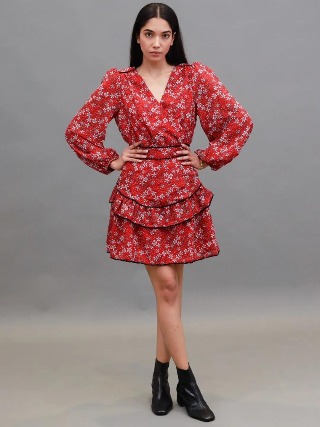 Cherry Blossom Bliss Woven Red Wrap Dress