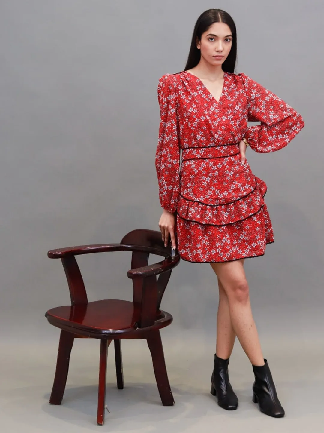 Cherry Blossom Bliss Woven Red Wrap Dress