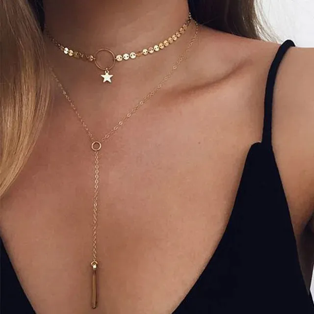 Chokers Multilayers Bar Pendant Clavicle Statement Round Coin Chain Tassel New Collares Long Necklace