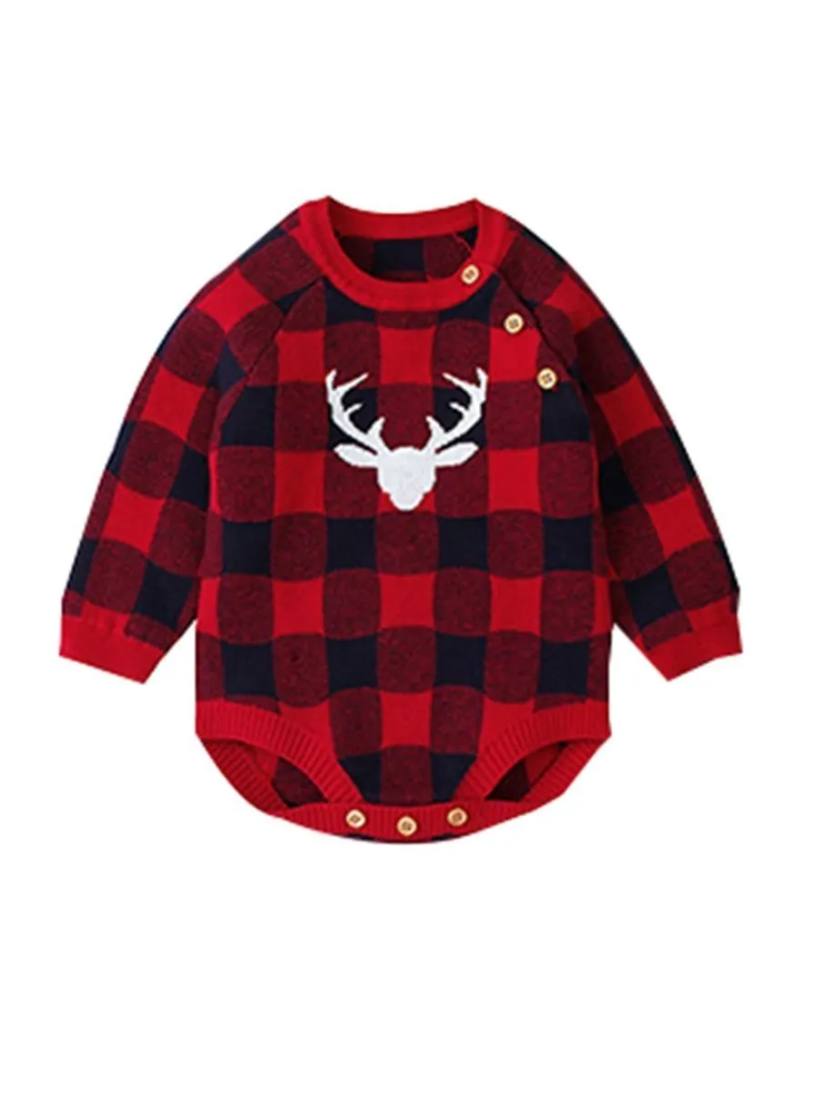 Christmas Deer Color Blocking Baby Knit crochet plaid Onesie