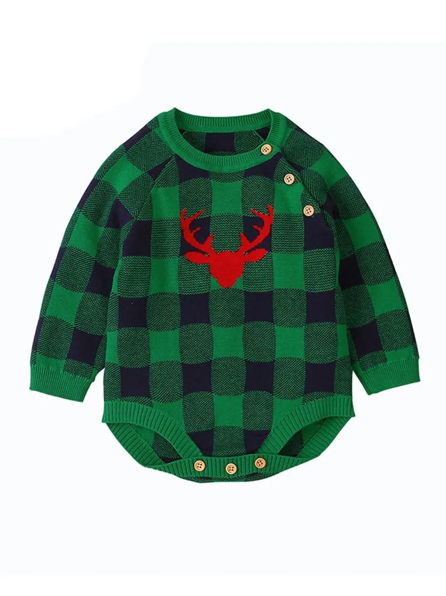 Christmas Deer Color Blocking Baby Knit crochet plaid Onesie