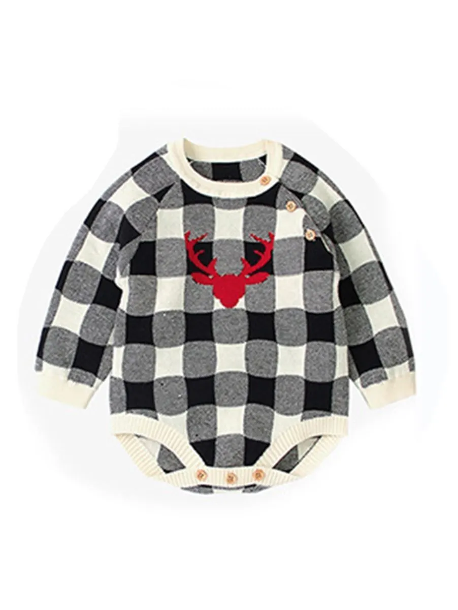 Christmas Deer Color Blocking Baby Knit crochet plaid Onesie