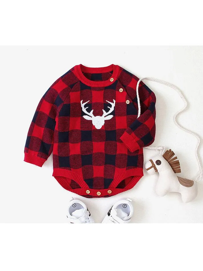 Christmas Deer Color Blocking Baby Knit crochet plaid Onesie