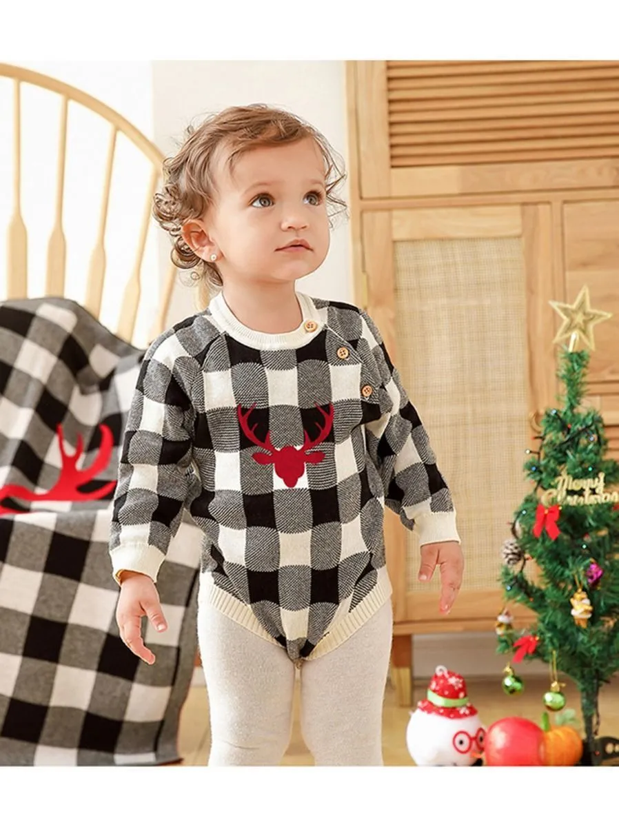 Christmas Deer Color Blocking Baby Knit crochet plaid Onesie