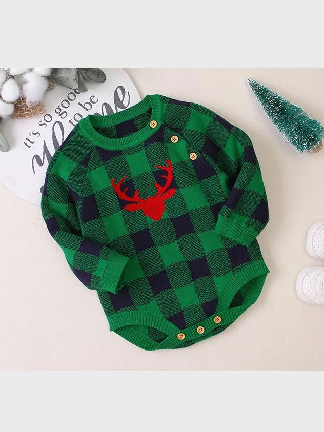 Christmas Deer Color Blocking Baby Knit crochet plaid Onesie