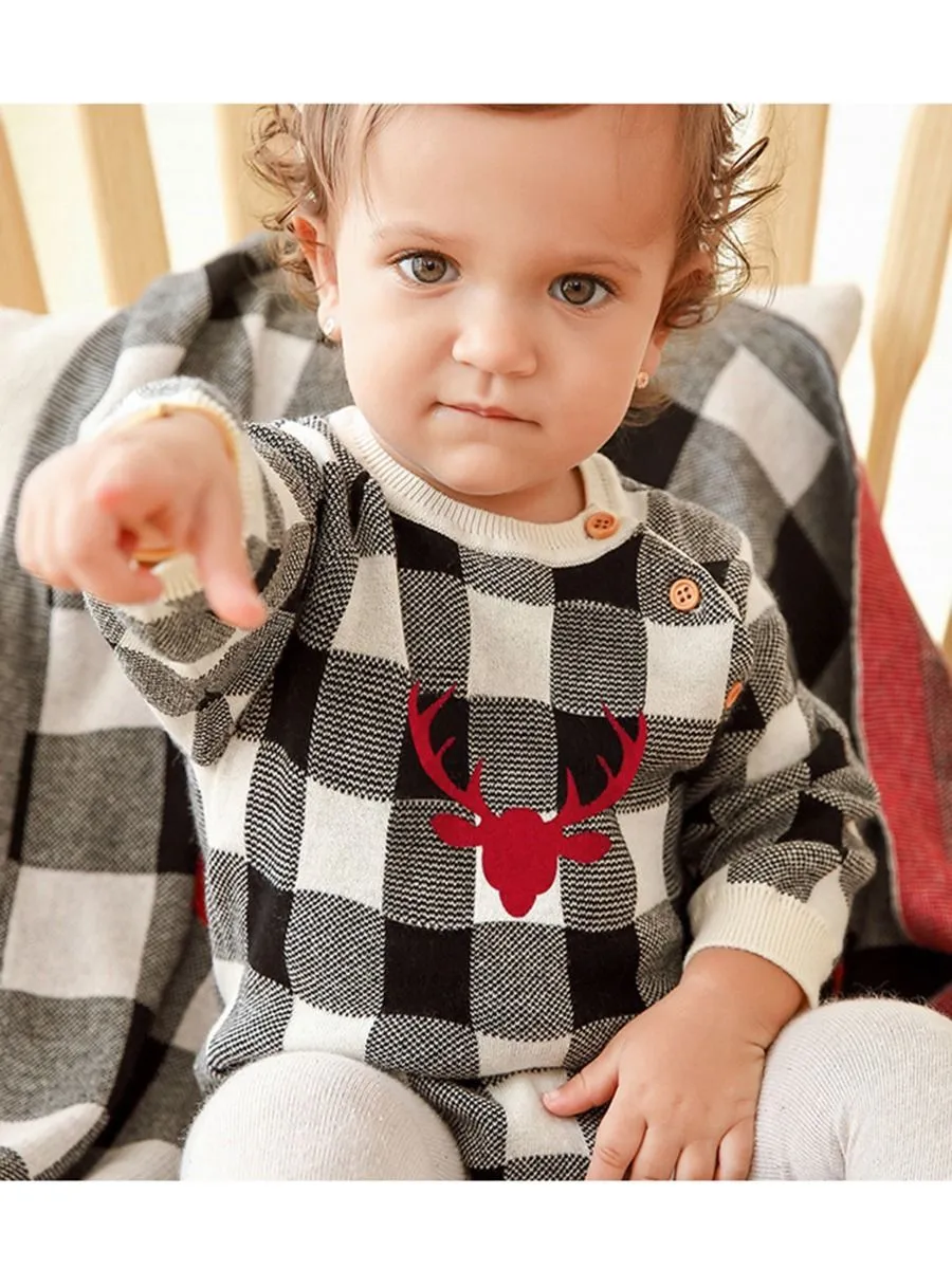 Christmas Deer Color Blocking Baby Knit crochet plaid Onesie