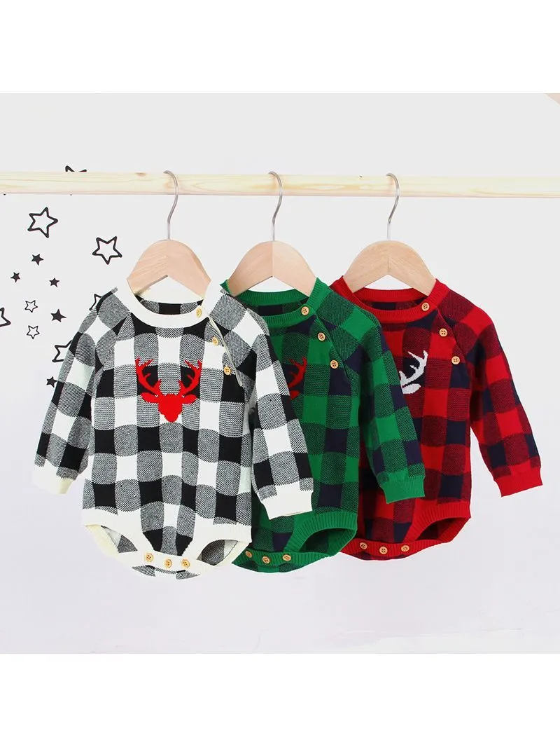 Christmas Deer Color Blocking Baby Knit crochet plaid Onesie