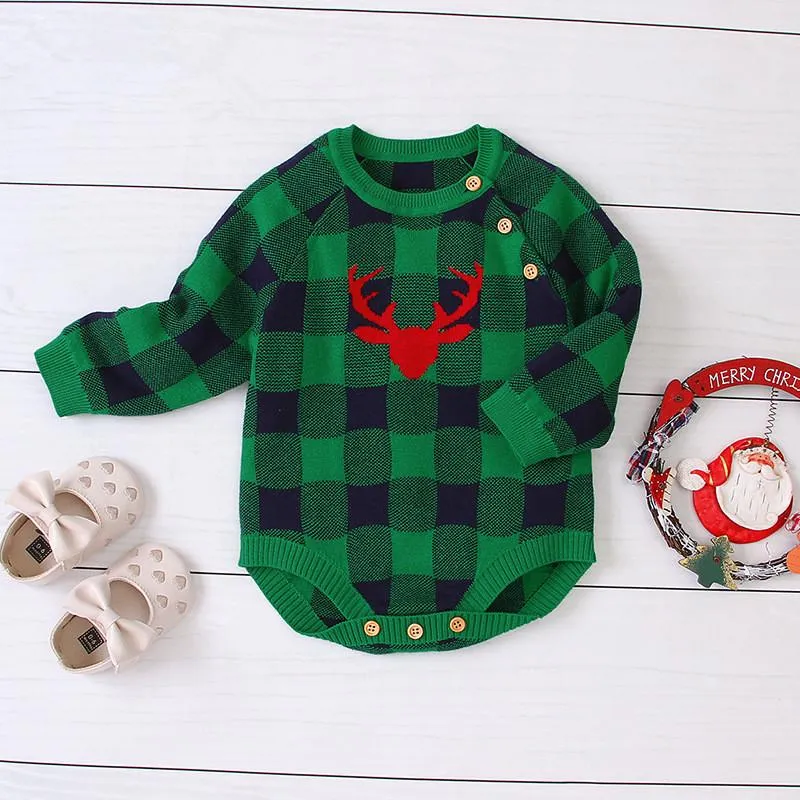 Christmas Deer Color Blocking Baby Knit crochet plaid Onesie