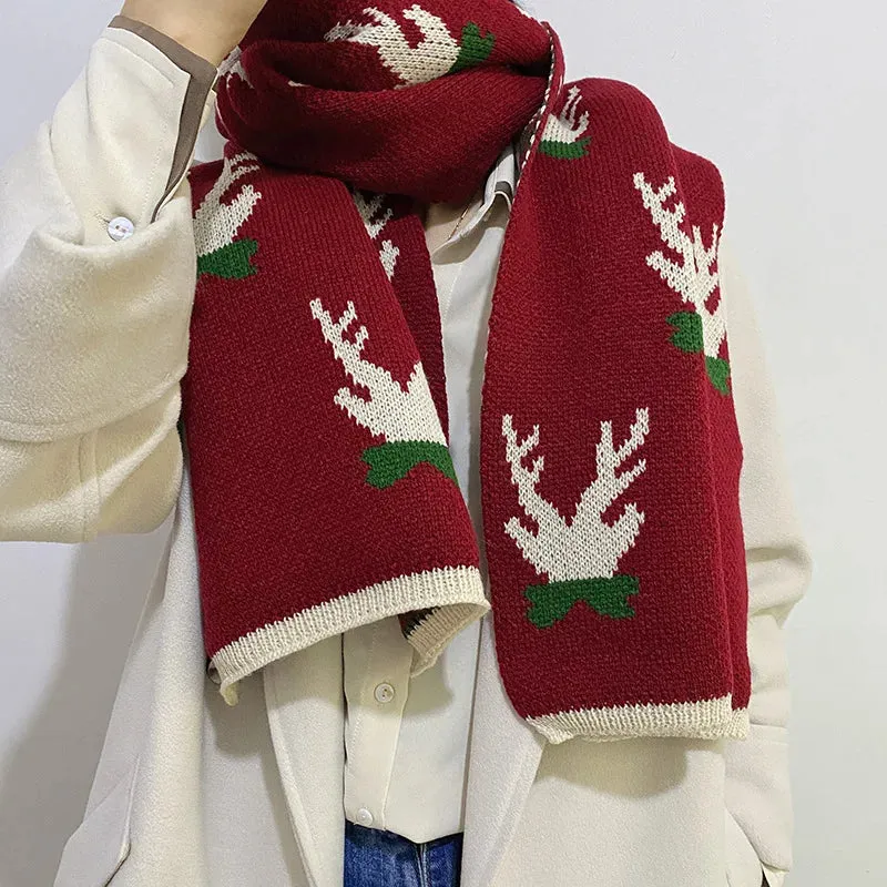 Christmas Elk Pattern Winter Knitting Warm Couple Gift Cute Scarf