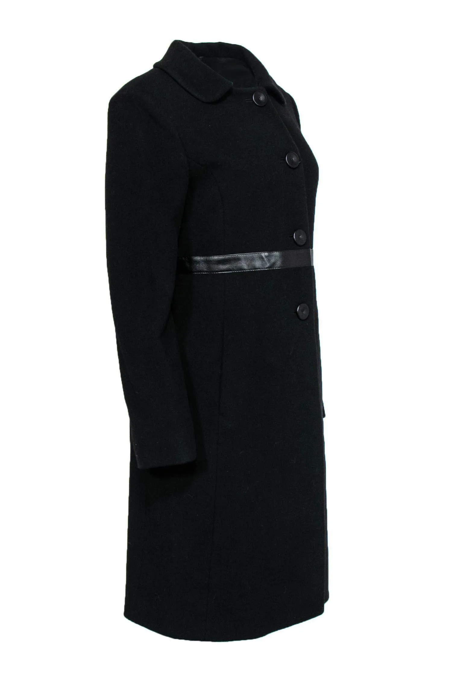 Cinzia Rocca - Black Wool Overcoat w/ Leather Trim Sz 10