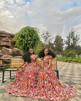 Colorful Flowery Shiffon Dress Gorgeous Floral Design Chiffon Dress Ethiopian Dress for any Occassion