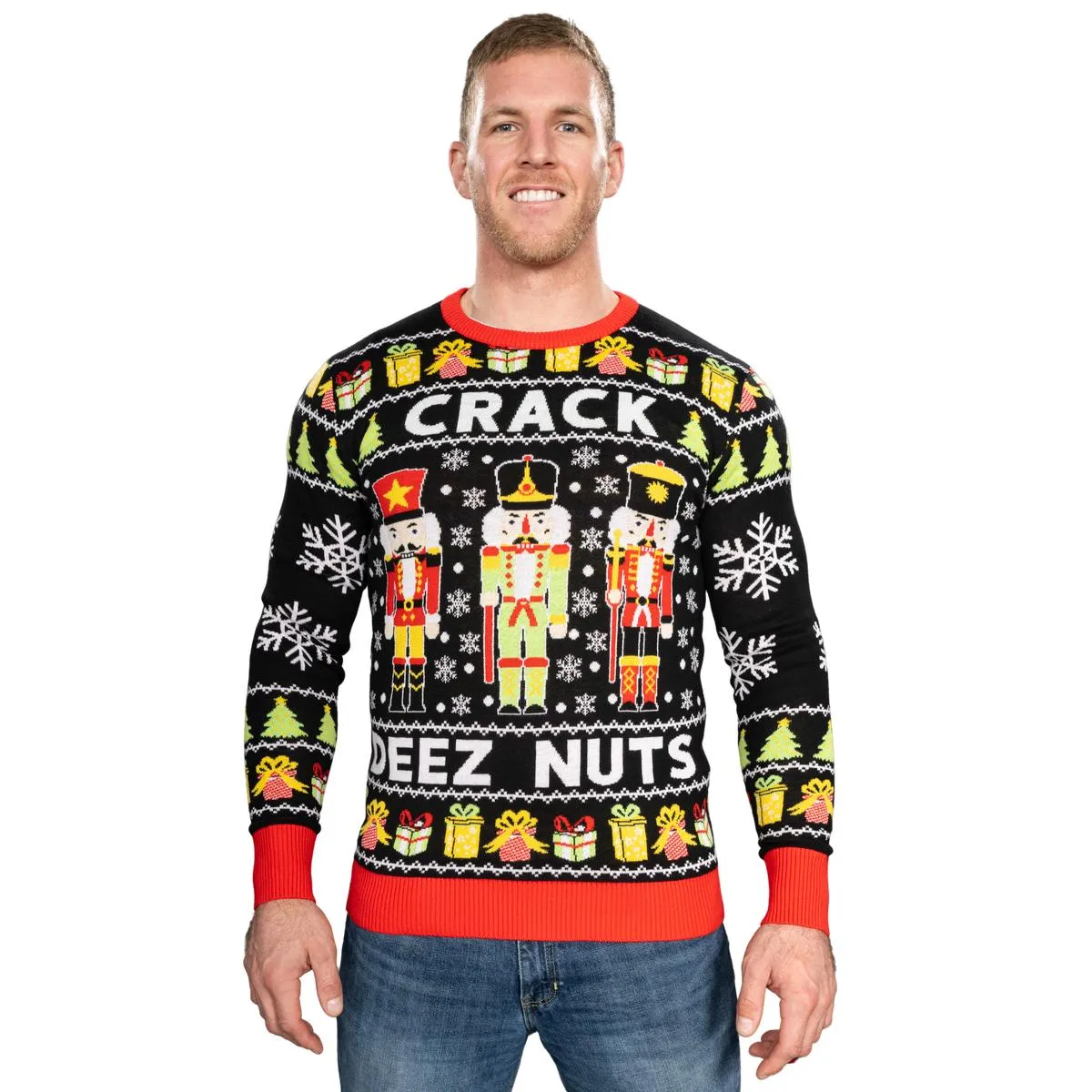 Crack Deez Nuts Nutcracker Santa Knitted Ugly Christmas Sweater