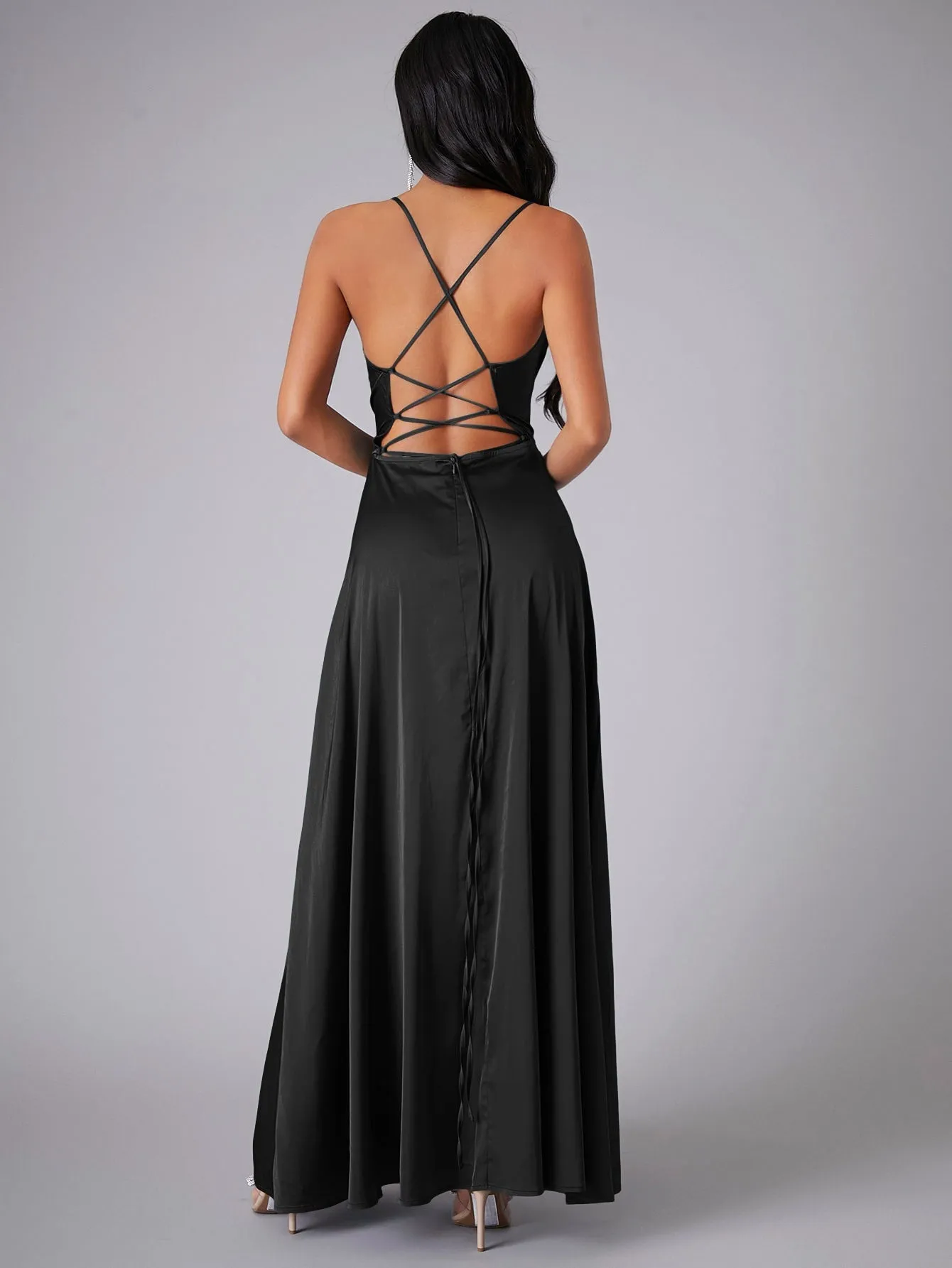 Crisscross Backless Wrap Sleeveless Satin Prom Dress