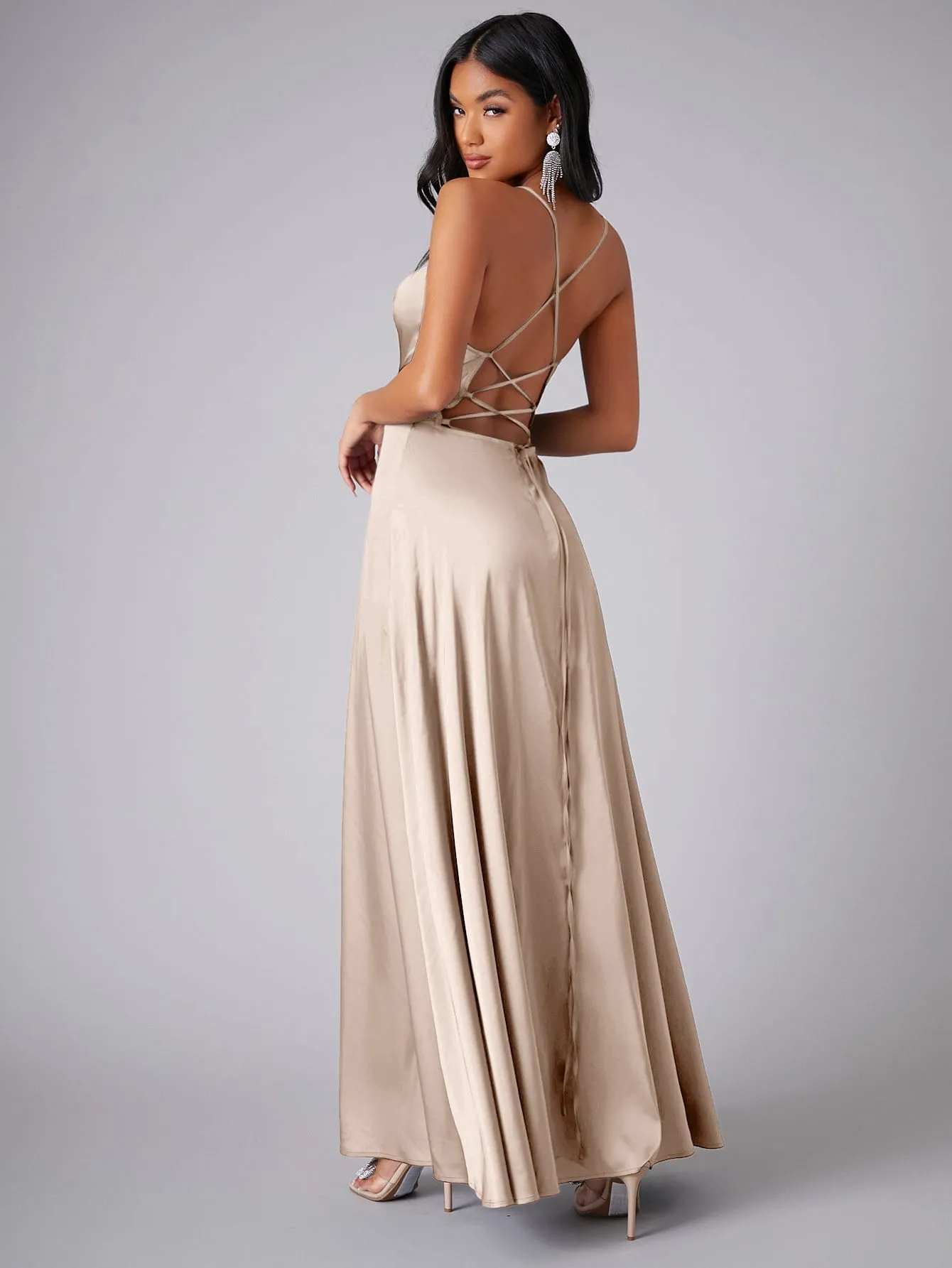 Crisscross Backless Wrap Sleeveless Satin Prom Dress