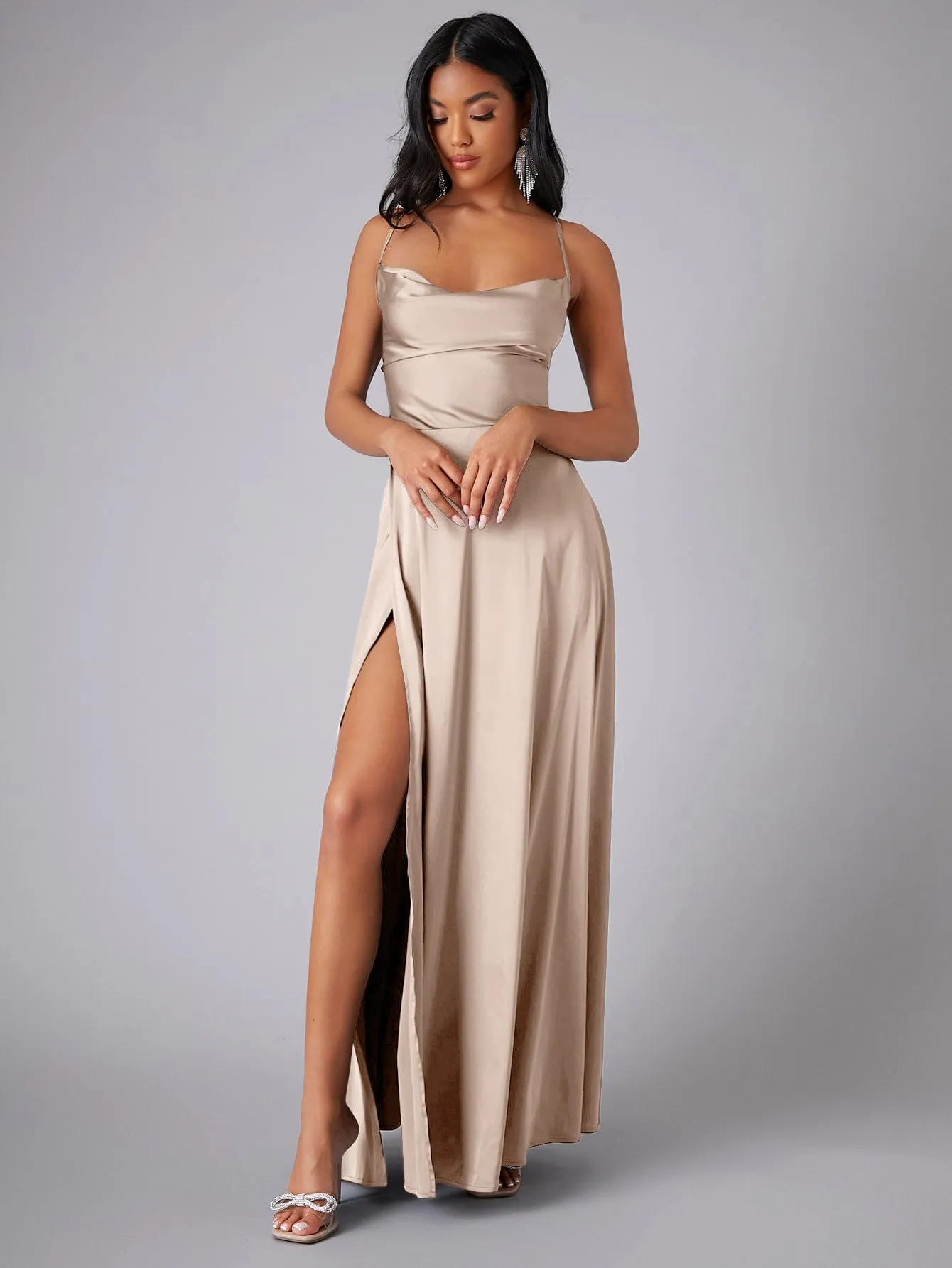 Crisscross Backless Wrap Sleeveless Satin Prom Dress