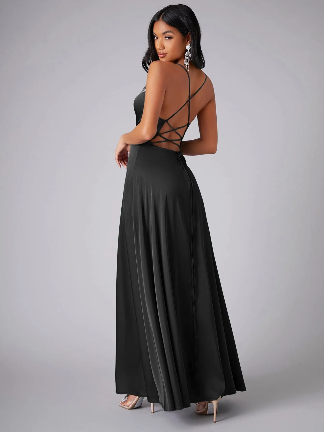 Crisscross Backless Wrap Sleeveless Satin Prom Dress