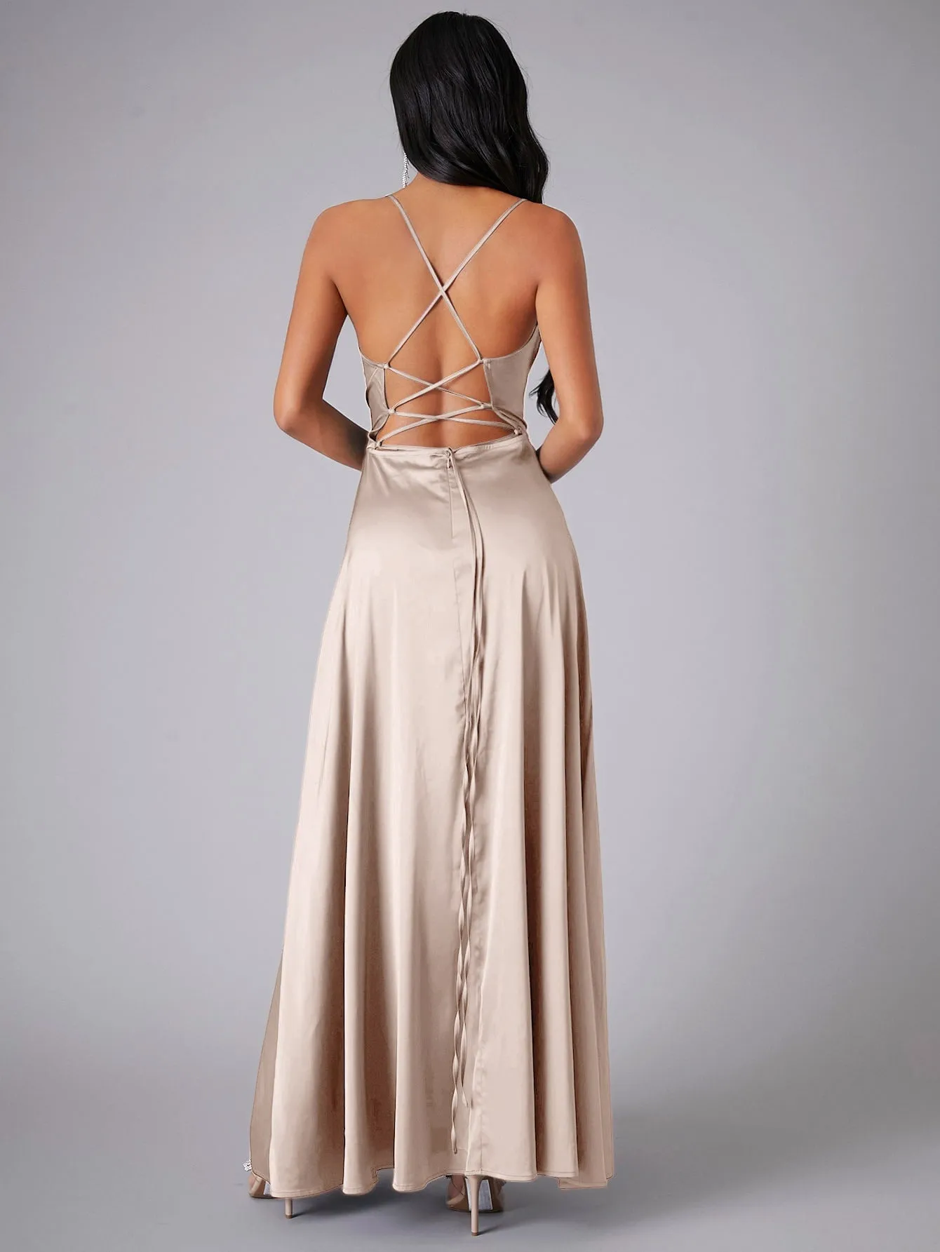 Crisscross Backless Wrap Sleeveless Satin Prom Dress