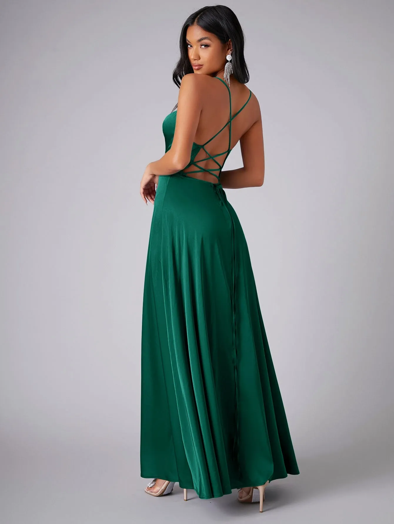 Crisscross Backless Wrap Sleeveless Satin Prom Dress