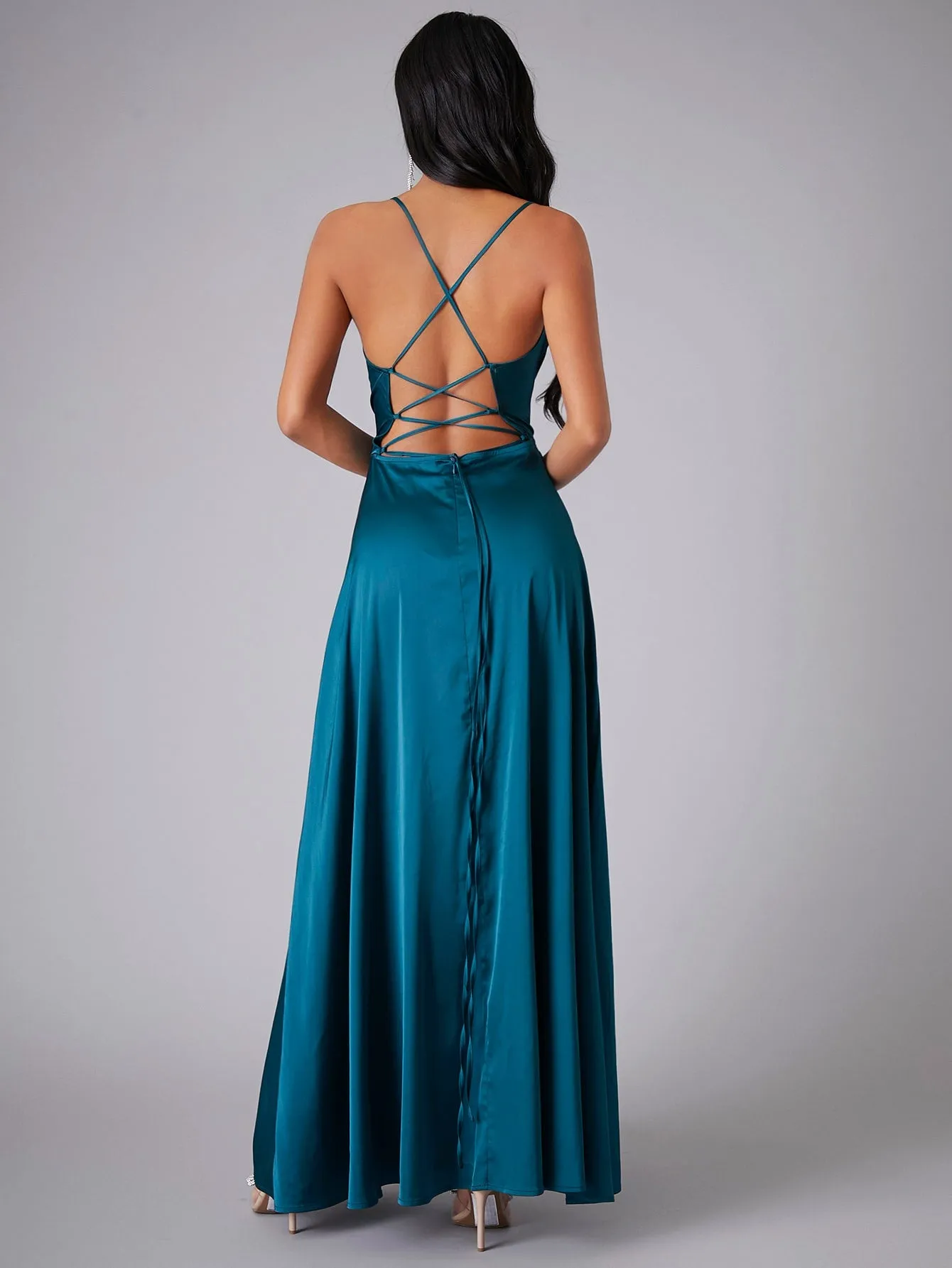 Crisscross Backless Wrap Sleeveless Satin Prom Dress