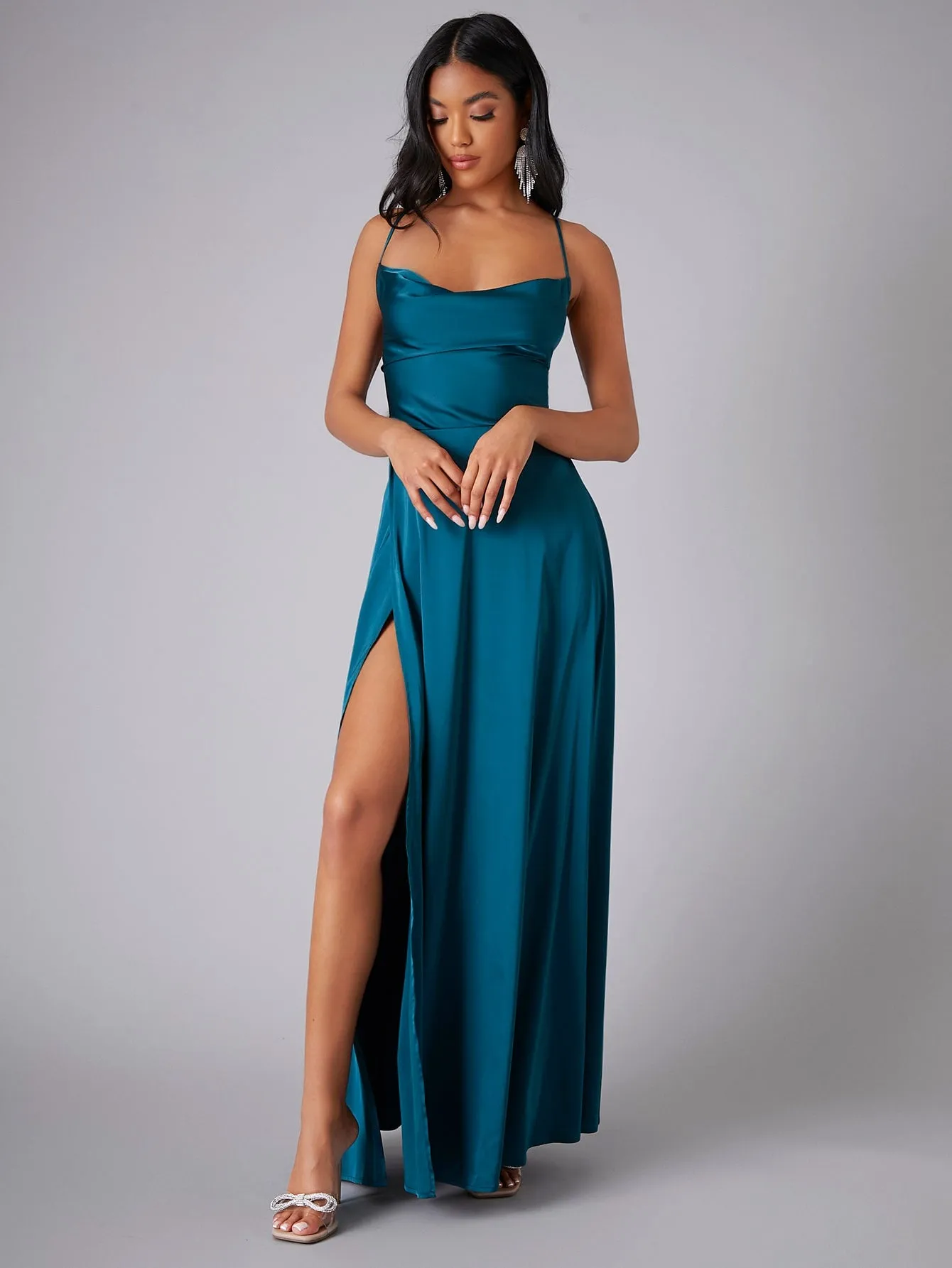 Crisscross Backless Wrap Sleeveless Satin Prom Dress