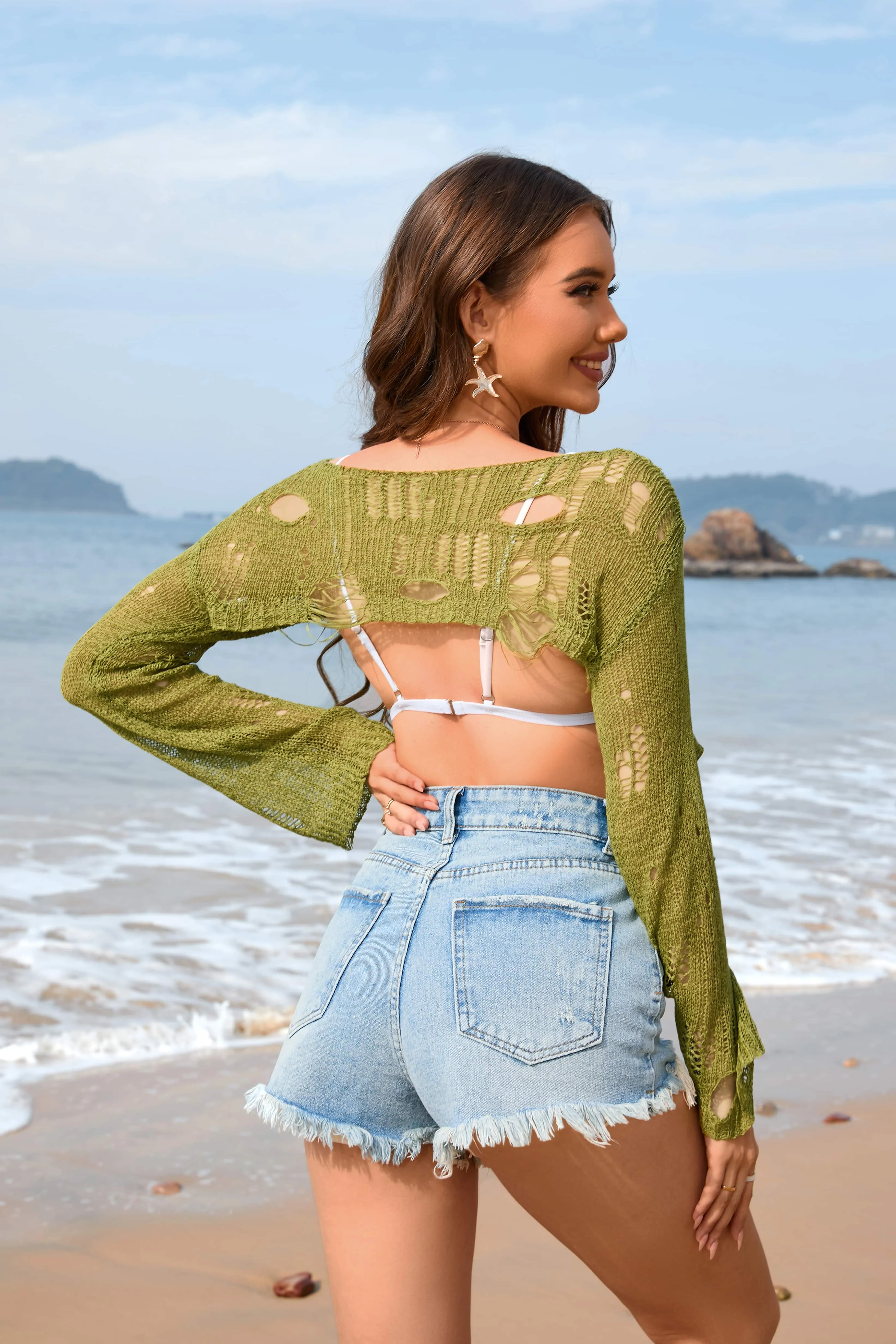 Crochet Knit Sleeve Shrug Sweater Cropped  Smock Top