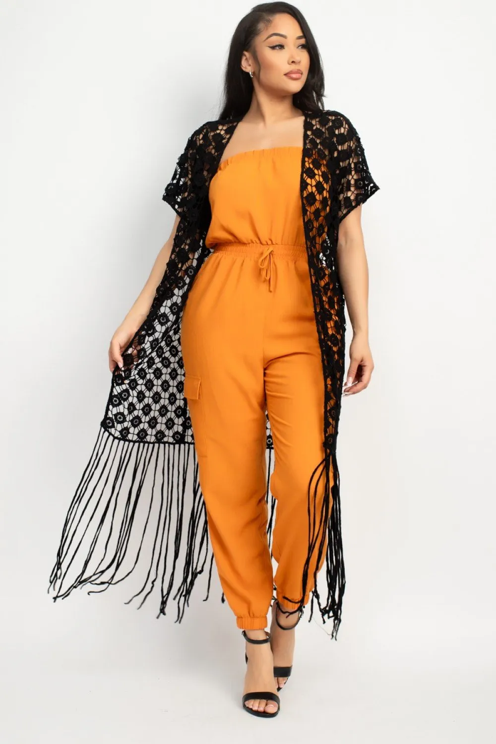 Crocheted Open-Front Fringe Kimono