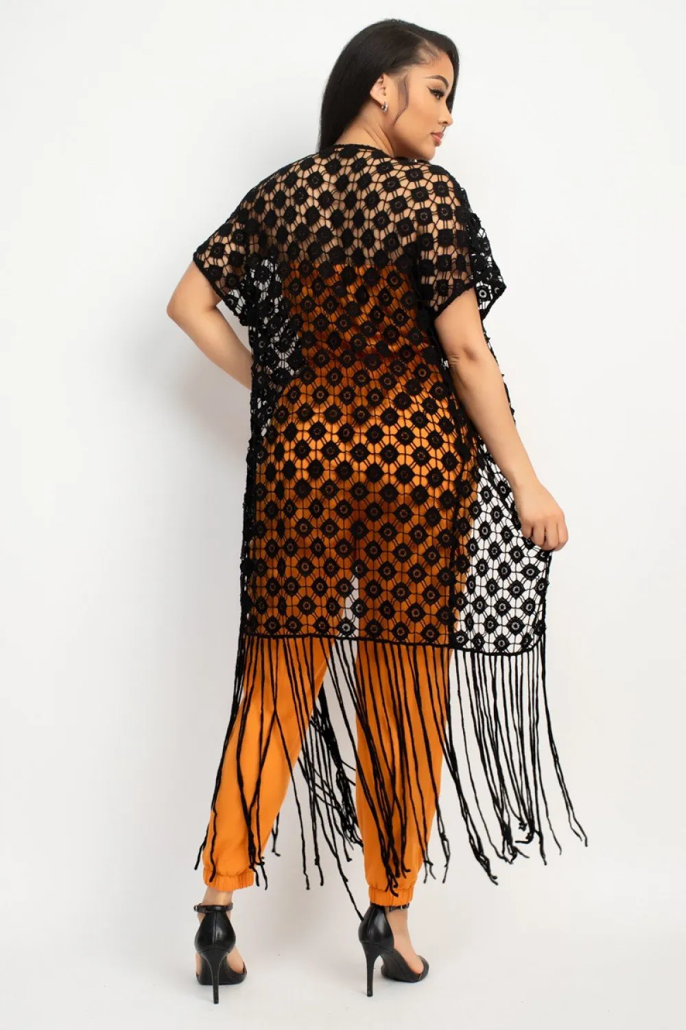 Crocheted Open-Front Fringe Kimono