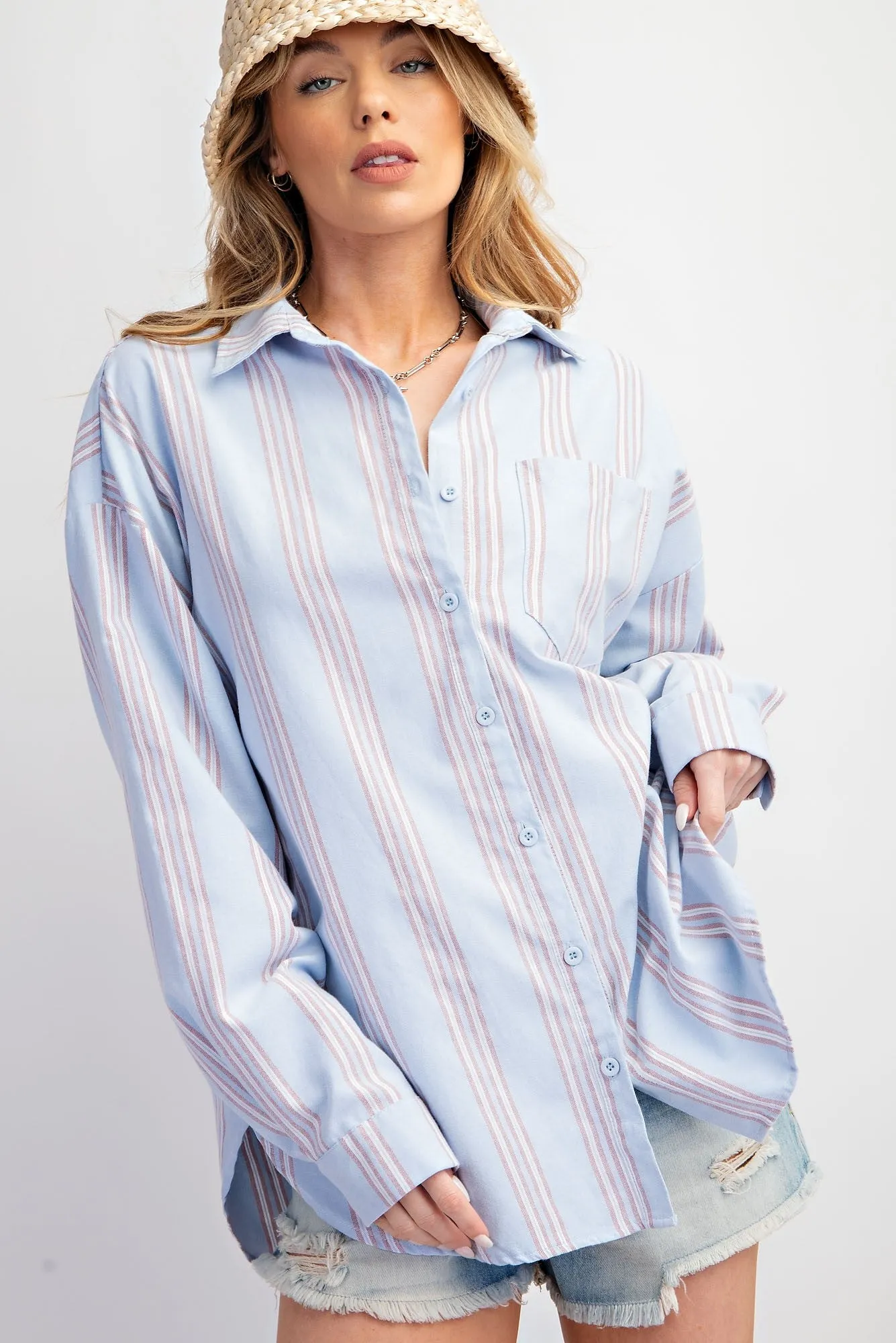 CURVY-STRIPE BUTTON DOWN SHIRT