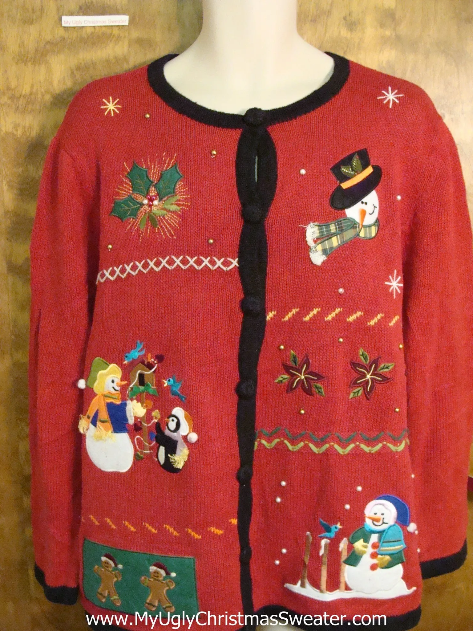 Cute Red and Black Xmas Sweater with Snowmen