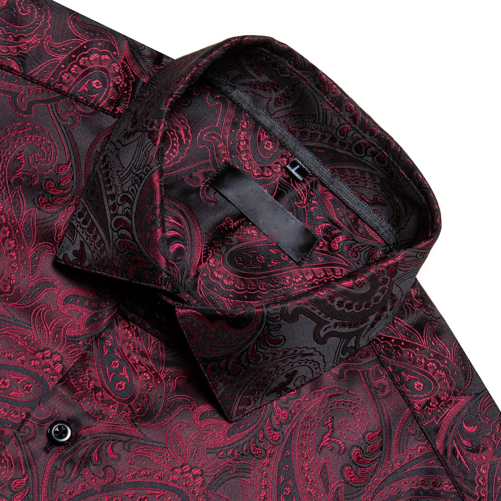 Dark Red Black Paisley Silk Men's Long Sleeve Shirt