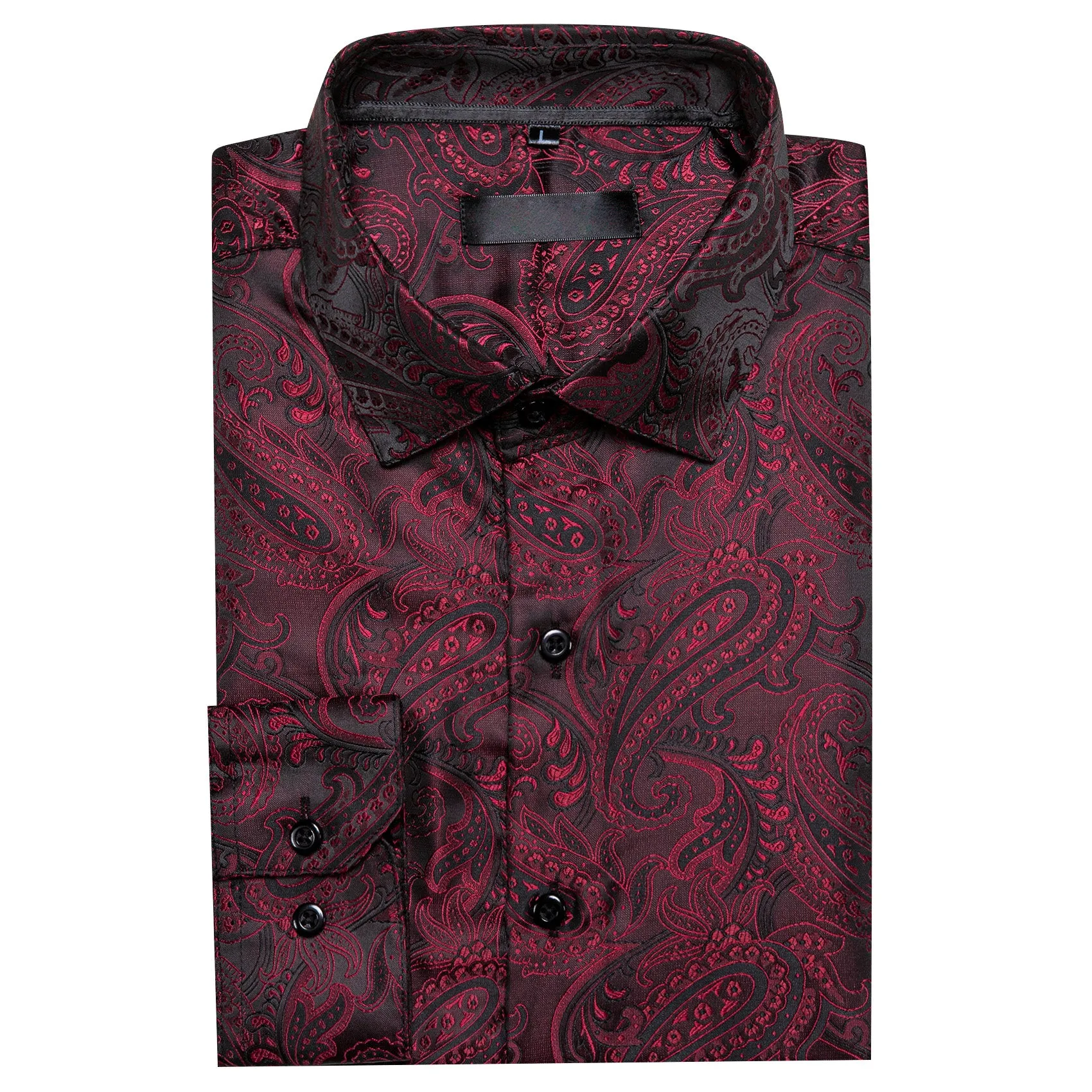 Dark Red Black Paisley Silk Men's Long Sleeve Shirt