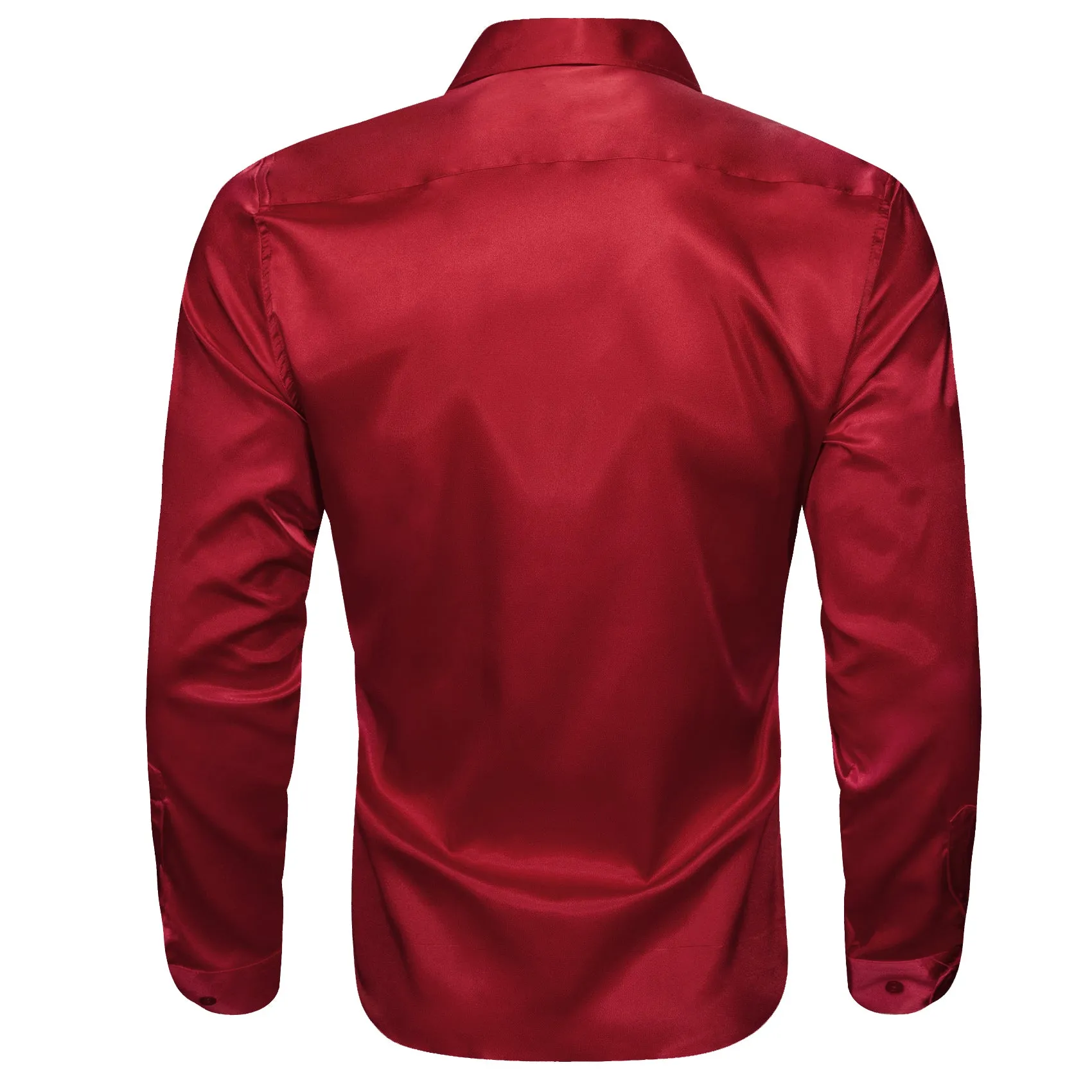 Dark Red Solid Satin Silk Men's Long Sleeve Shirt