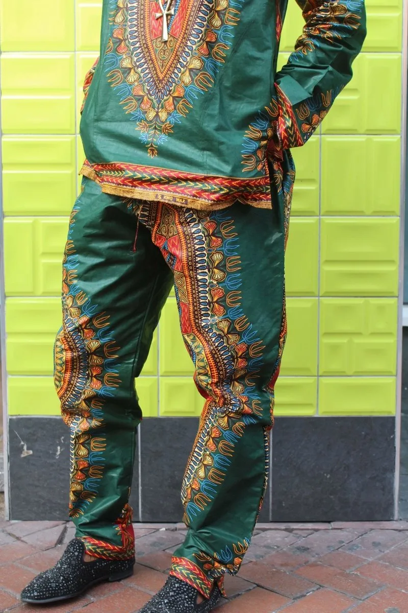 Dashiki Trousers in Green African Print - Festival Clothing