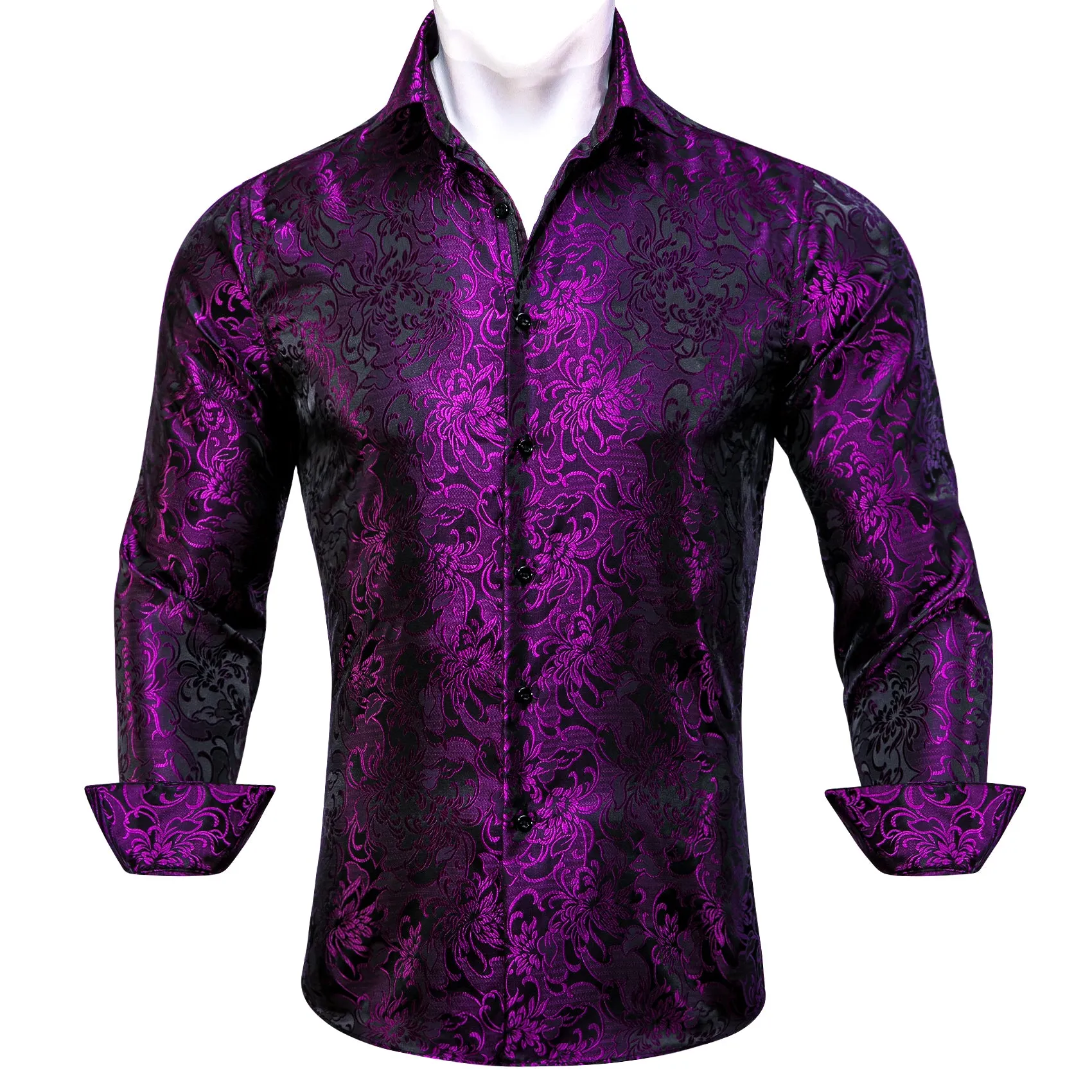 Deep Purple Floral Silk Men's Long Sleeve Shirt