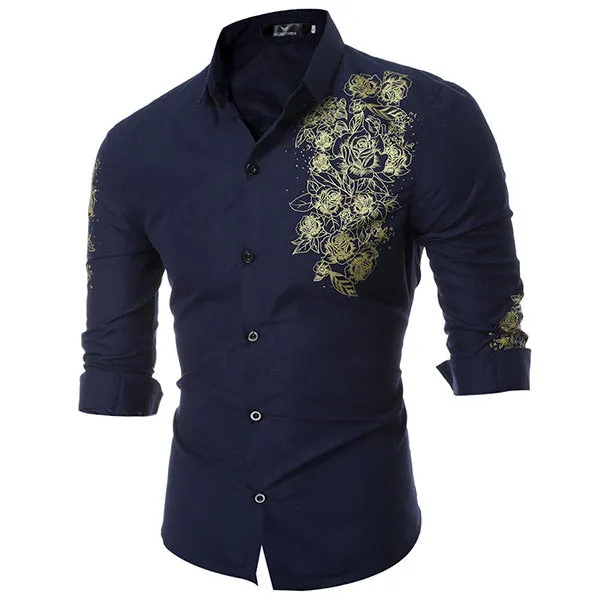 Designer Dress Shirt for Men Long Sleeve Printing Slim Fit Formal Casual Turn Down Collar