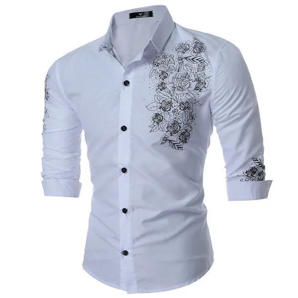 Designer Dress Shirt for Men Long Sleeve Printing Slim Fit Formal Casual Turn Down Collar