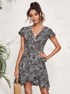 Ditsy Floral Ruffle Wrap Knotted Dress