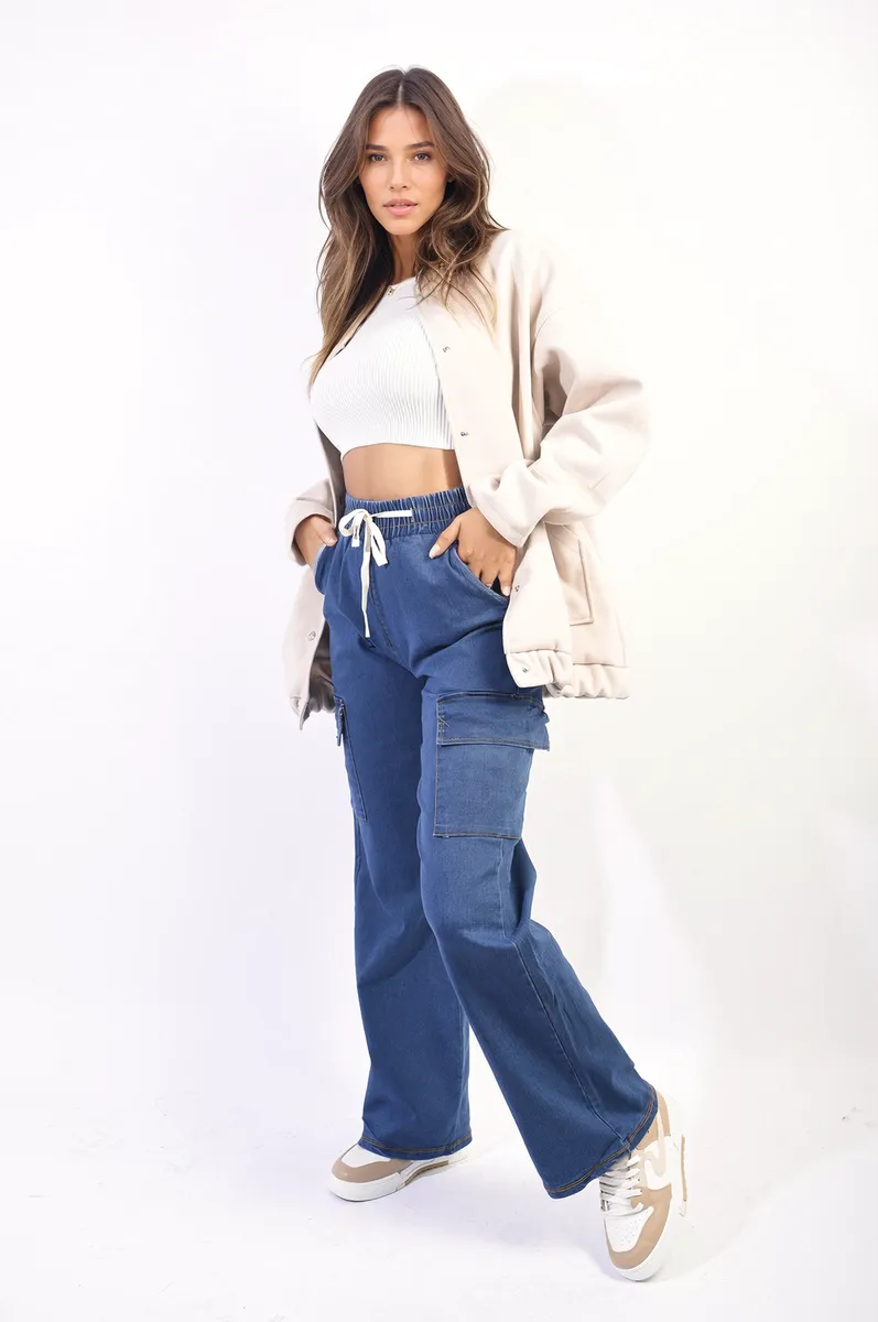 Drawstring Waist Flap Pocket Wide Leg Cargo Jeans