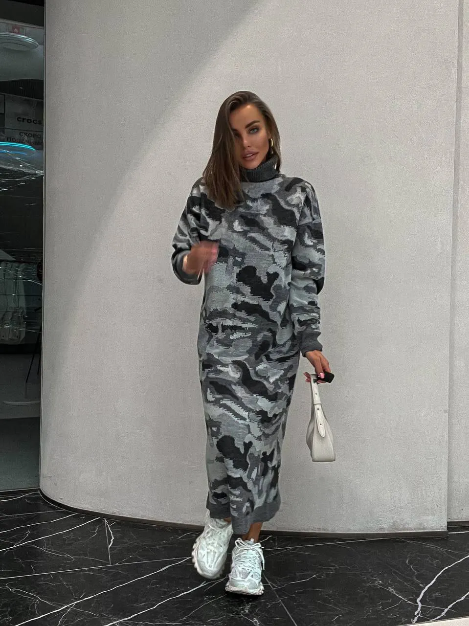 Dress Warm Knitted Color Gray Camouflage Dress Clothing Autumn Winter Womens Stylish Fashion