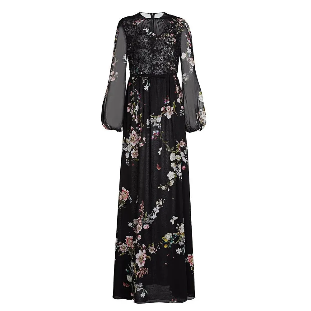 Elegant Floral Printing Lace Long Dresses For Women Round Neck Long Sleeve High Waits Temperament Slimming Dress Female New