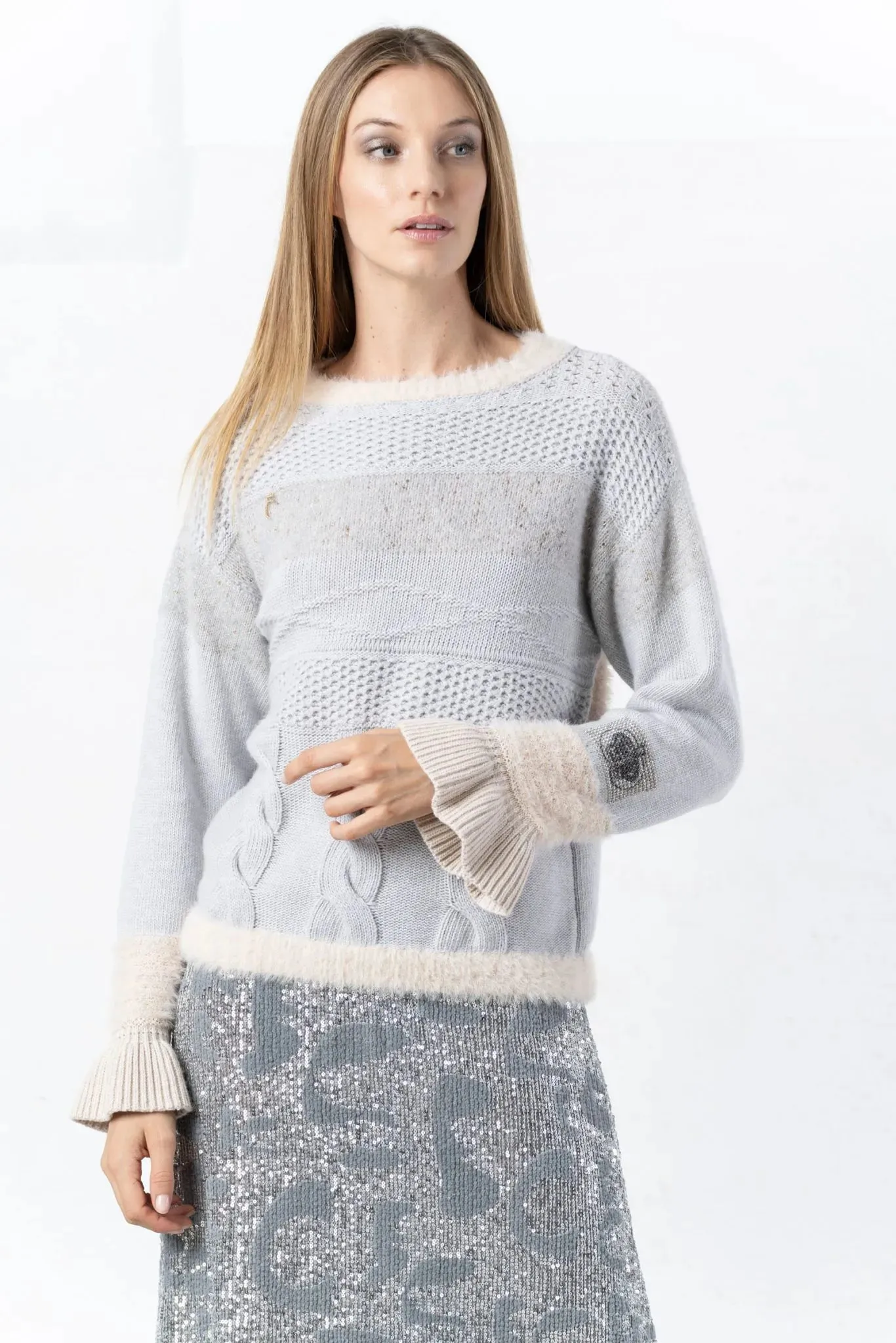 Elisa Cavaletti Grey and beige sweater with braids