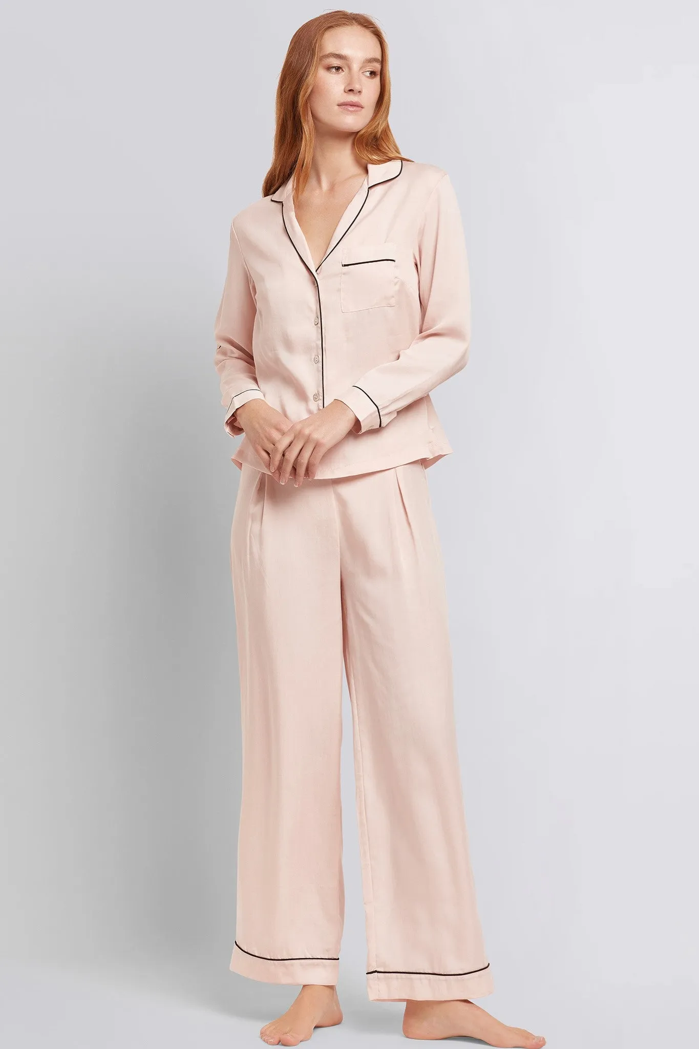 Eva Lounge Tencel™ Pyjama Set - Blush with Black Piping