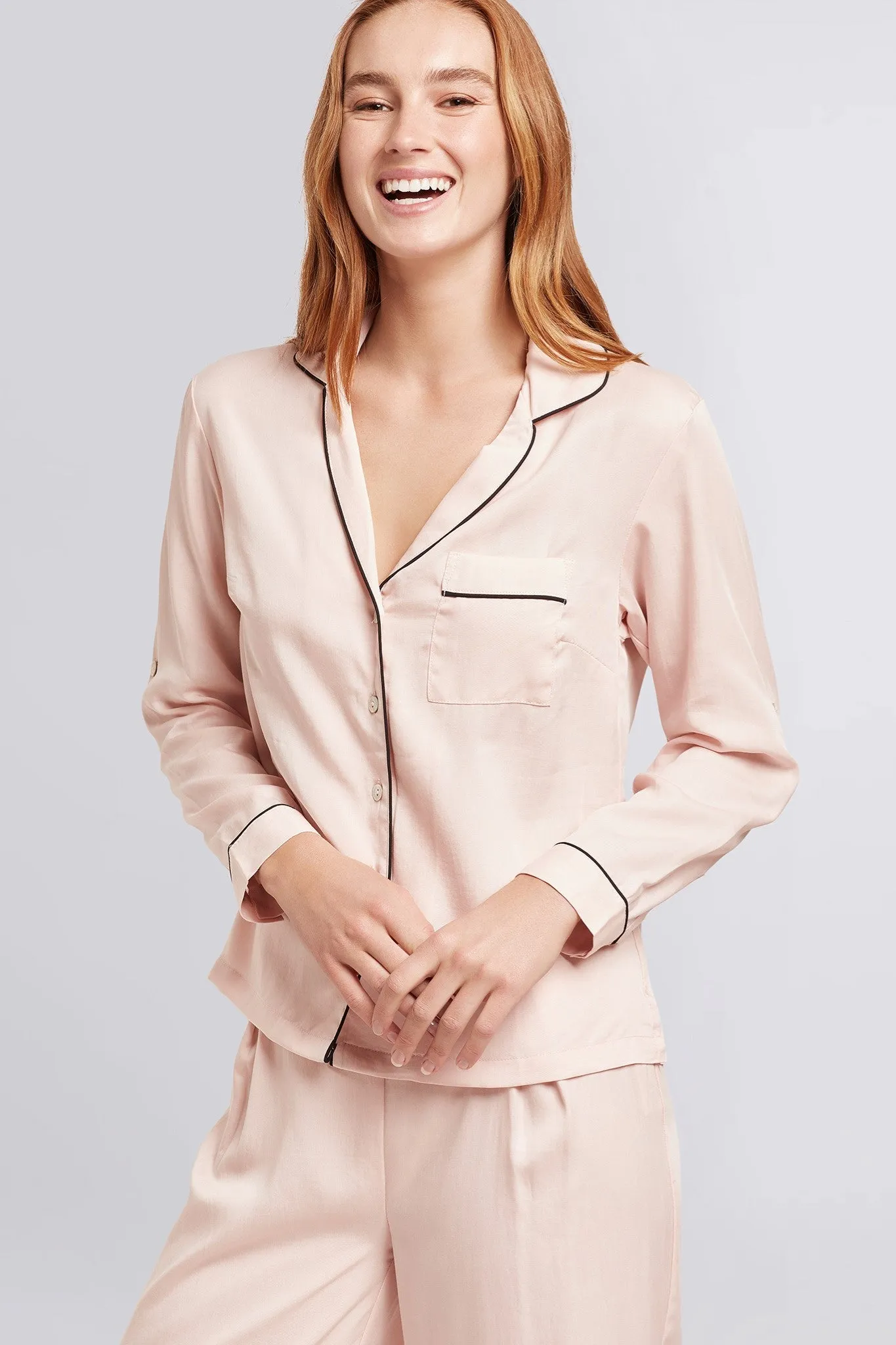 Eva Lounge Tencel™ Pyjama Set - Blush with Black Piping