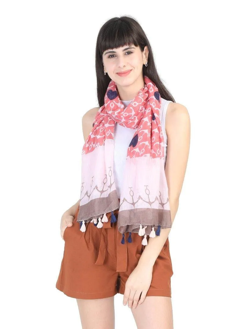 FabSeasons Peach Anchor Printed Cotton Scarf for Summer & Winter