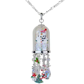 Fairyland Frosty Snow Globe Open Ring Charm Necklace (Sterling Silvertone)