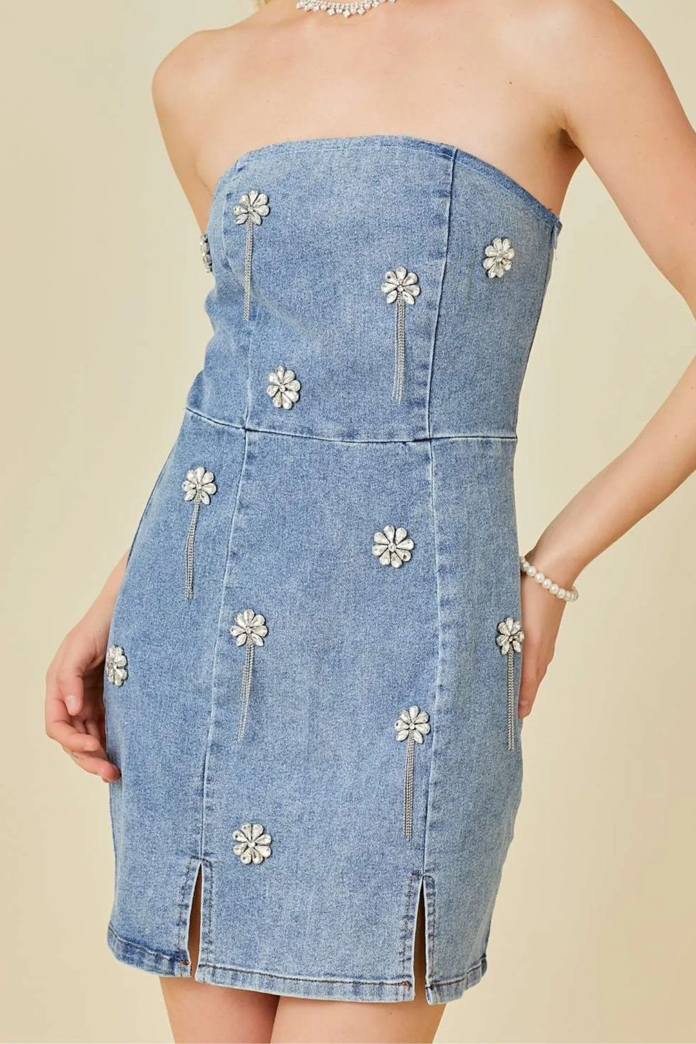 falling flower bling trim denim dress