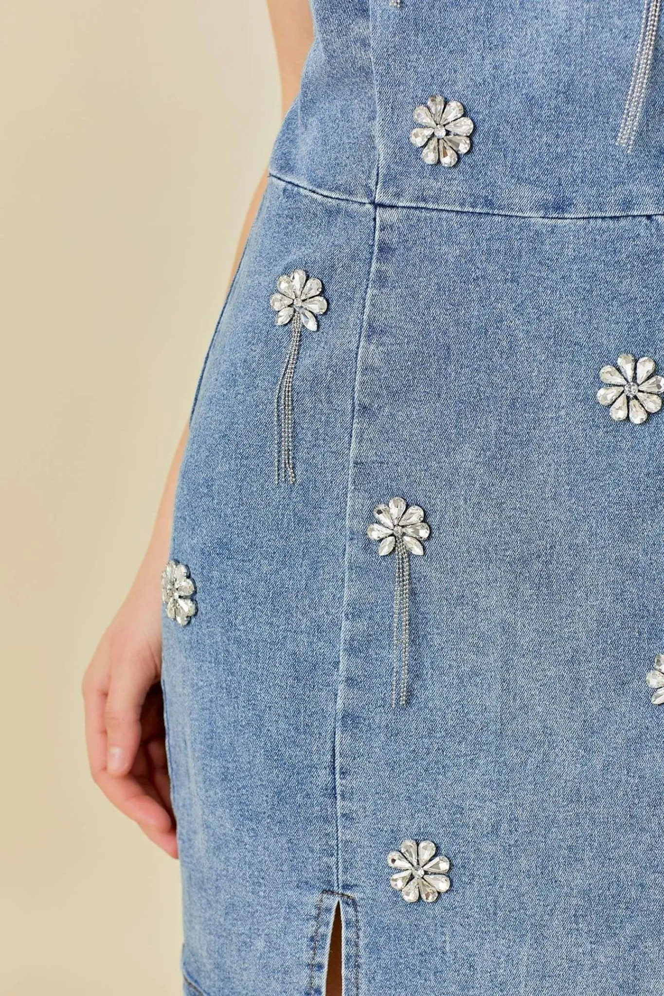 falling flower bling trim denim dress