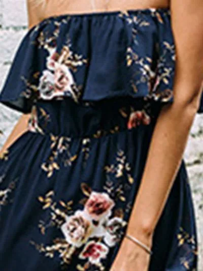 Fashion A-Line Strapless Ruffle Floral Printed Maxi Dress