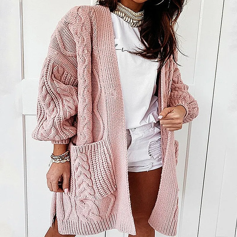 FashionSierra - Oversized Lantern Sleeve Knitted Sweater Ladies Warm Twist Loose Long Cardigan